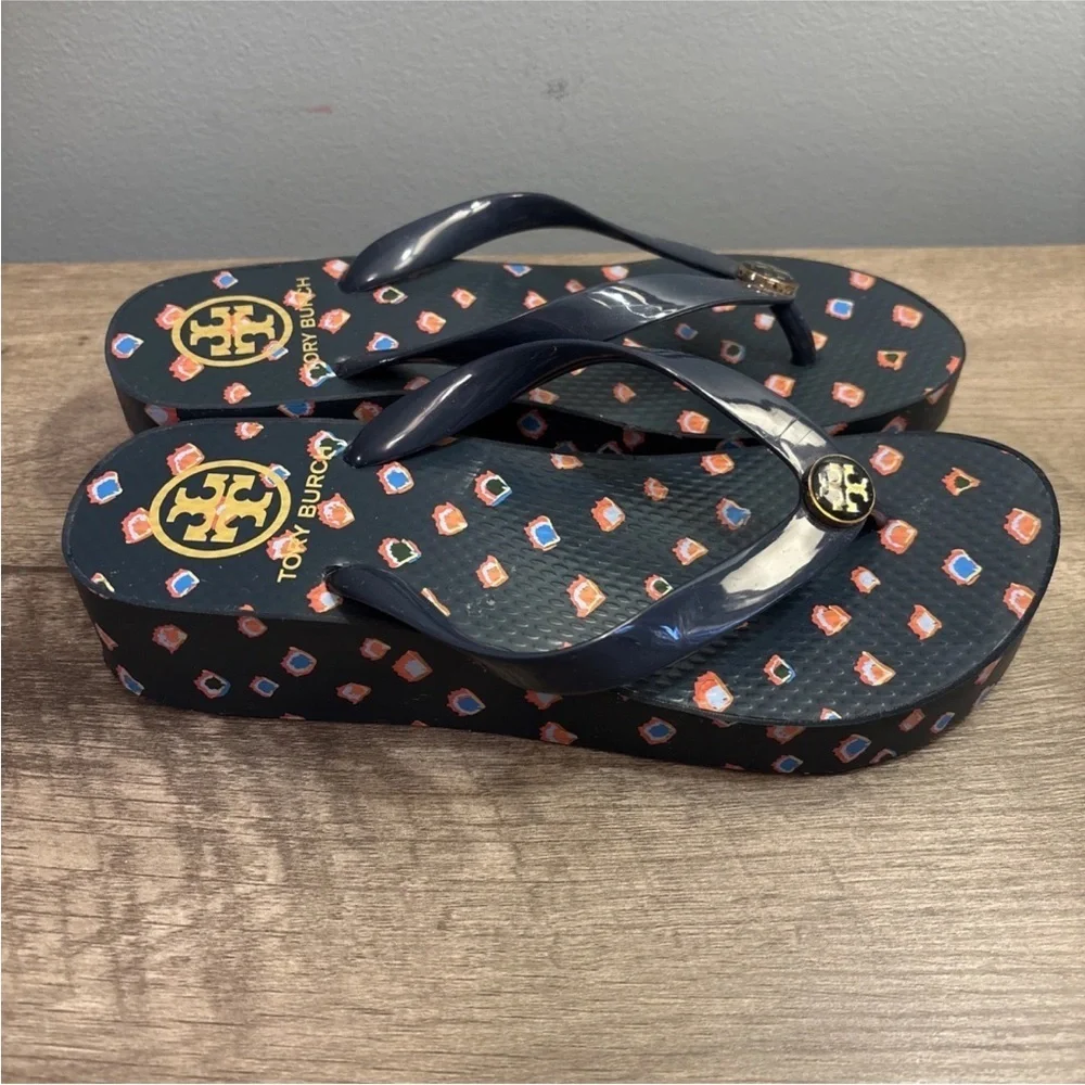 Tory Burch Navy Blue Fresh Blueberry Wild Pansy Flip Flops